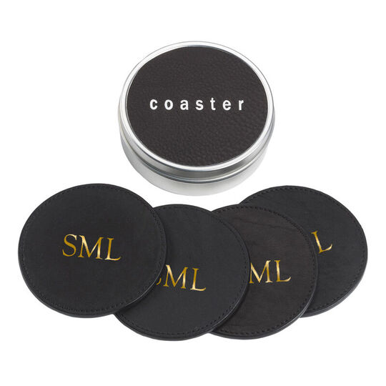 Black Leather Coasters with Tin Box